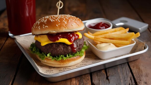 Side view meat burger with french fries ketchup and mayonnaise on tray