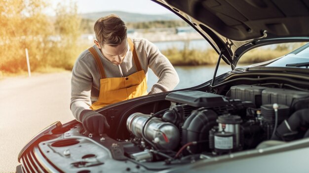 Photo side view of mechanic checking motor oil in a car with open hood generative ai