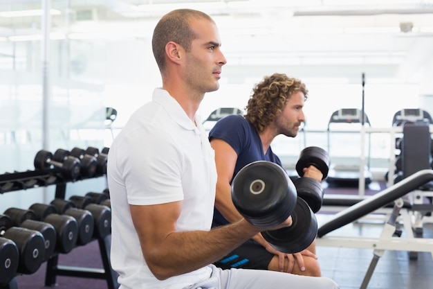 Side view of men exercising with dumbbells in gym