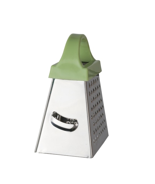 Side view of a metal grater with a green handle isolated on a white background