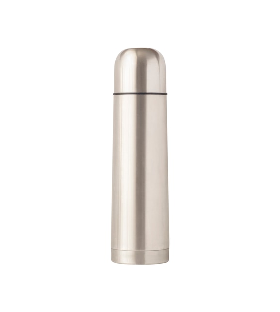 Side view of metallic shiny thermos for hot drinks or food