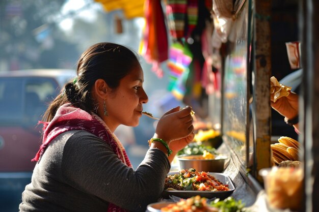 写真 横から見るとランチェロの食べ物を食べているメキシコ人女性