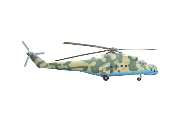 Боковой вид военного вертолета на белом фоне