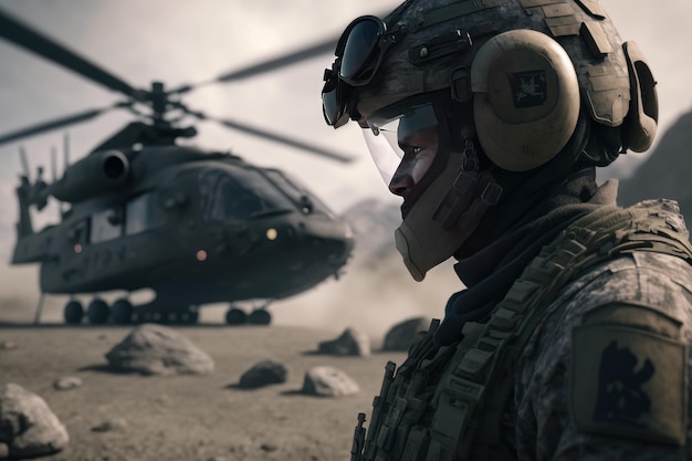 Боковой вид Военный солдат в профессиональном снаряжении на сражающемся в стиле реализма подробном изображении человеческого генеративного ИИ