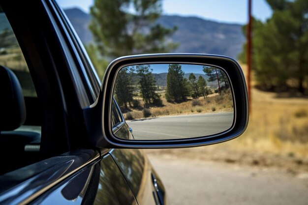 a side view mirror shows a mountain view.