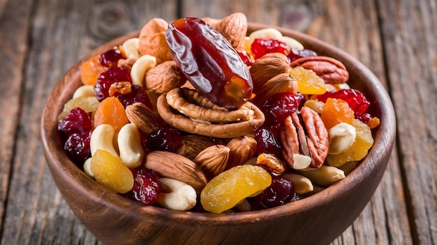 Side view of mix of nuts and dried fruits in a bowl on rustic