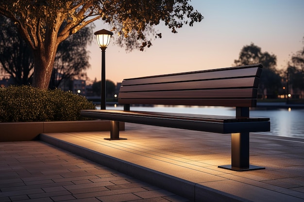 Side View of Modern Bench in Park with Nature Landscape at Dusk Time