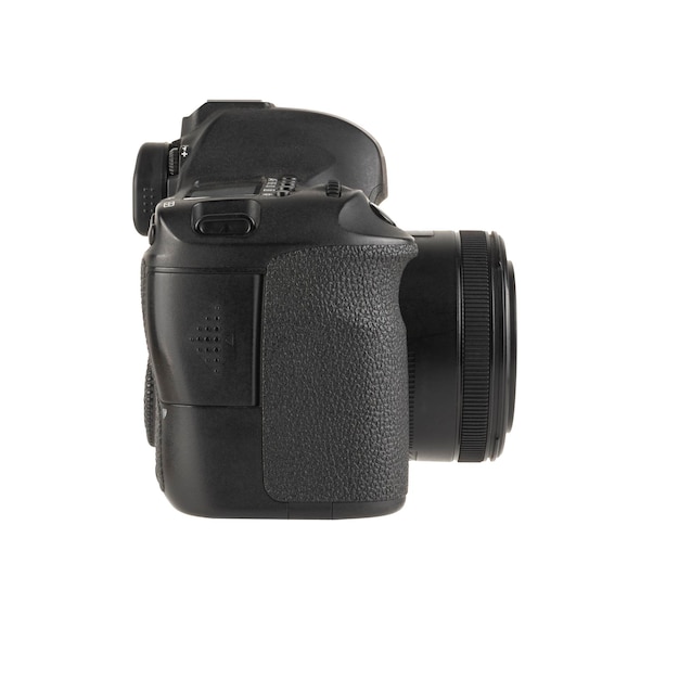 Photo side view of modern dslr camera isolated on a white background