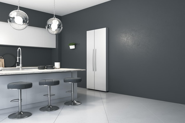 side view of modern kitchen interior with island stools decorative lamps and mock up place on dark grey wall 3d rendering