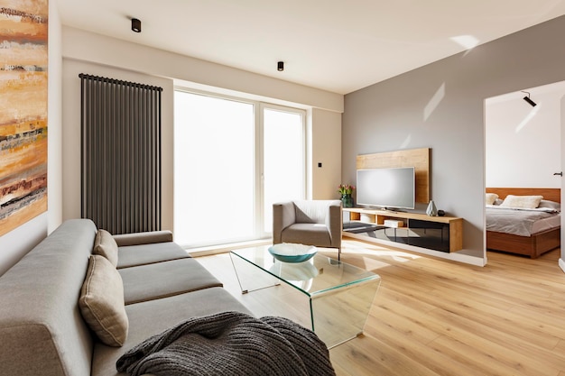 Foto vista laterale di un moderno soggiorno interno con una poltrona divano