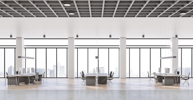 Side view on modern workplaces with dark chair and wooden\
tables on light glossy floor and city view from panoramic windows\
in stylish open space office 3d rendering