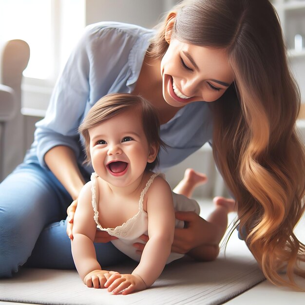 Side view of mother playing with laughing baby girl lying on her knees spending time at home