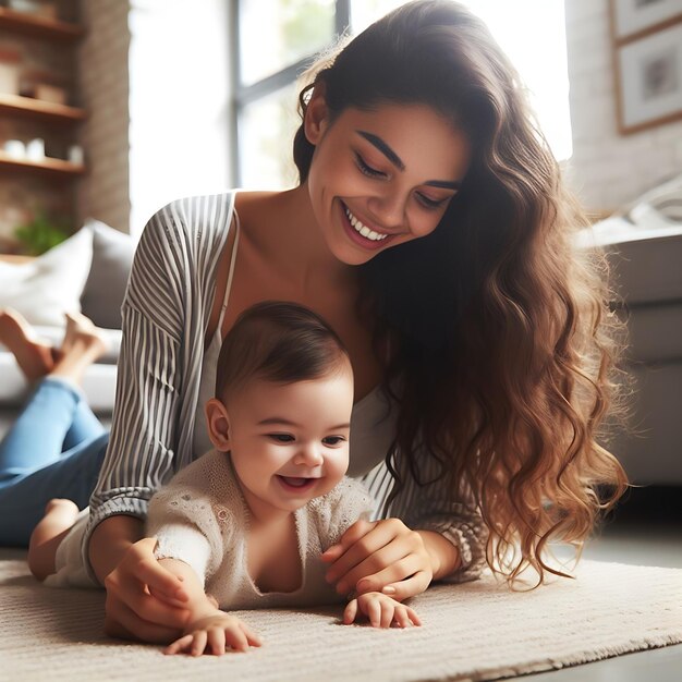 Side view of mother playing with laughing baby girl lying on her knees spending time at home