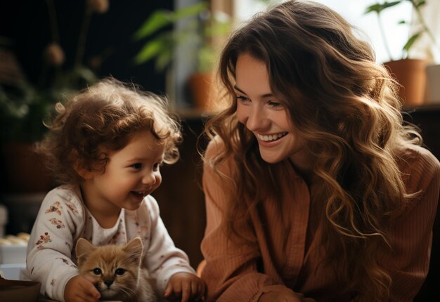 Photo side view of mother playing with laughing baby girl lying on her knees spending time at home