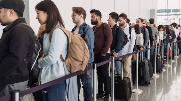 제너레이티브 AI 체크인을 위해 공항 홀에서 기다리는 다인종 개인의 측면