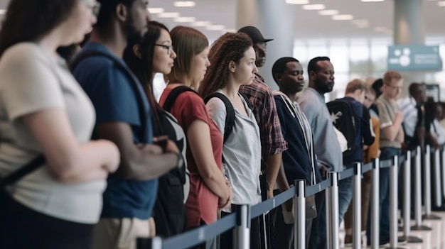 Side view of multiracial individuals waiting in an airport hall to check in Generative AI