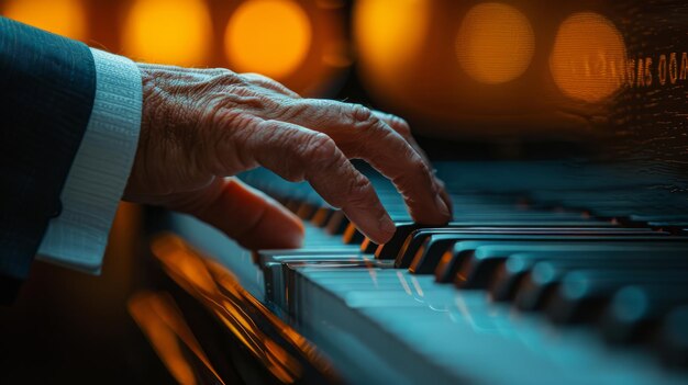 Foto vista laterale di un compositore musicale con le mani che suonano il pianoforte