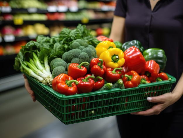 사진 슈퍼마켓 에서 신선 한 다채로운 채소 바구니 를 들고 있는 여자 의 측면
