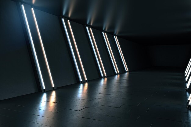 Фото Боковой вид современного просторного темного туннеля интерьера с макетным местом 3d-рендеринга