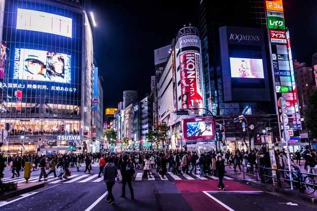 写真 道路を横断する人々の横の景色