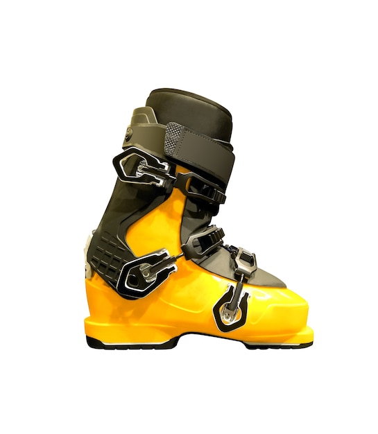 Фото Лыжный ботинок, вид сбоку. спортивное оборудование, изолированные на белой поверхности