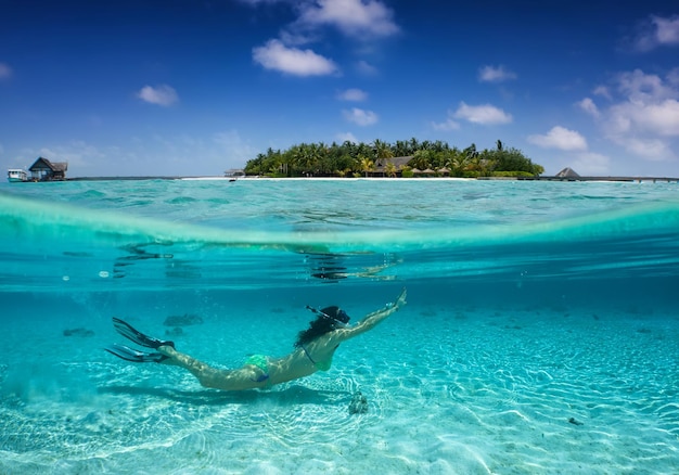 写真 海で泳いでいる女性の横の景色