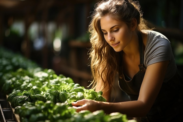 사진 젊은 행복 한 여자 의 측면 전망 정원사 는 온실 에서 러드 를 재배 하고 있다