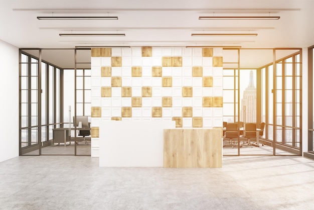 Side view of an office counter with three clocks