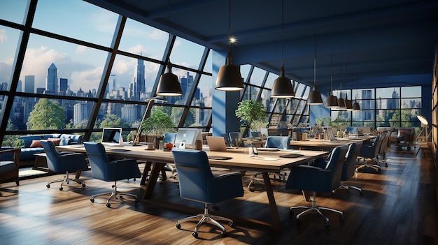 Side View Of An Open Space Office Interior With Dark Blue Walls A Concrete Floor Rows Of Wooden