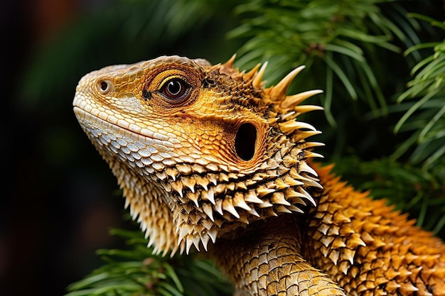 Side view of an orange bearded dragon with rough skin resting on a tree branch in nature