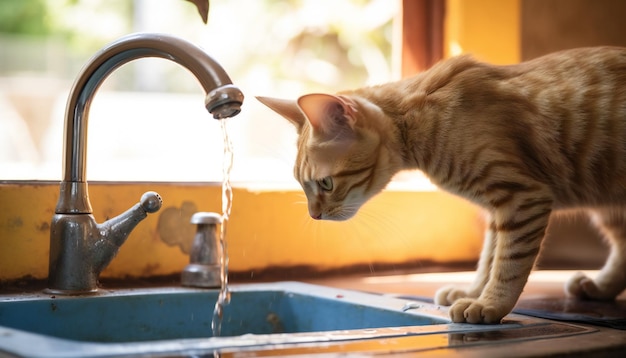 キッチンで水道水を飲むオレンジ色の猫の側面図