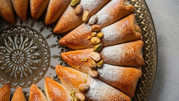 Side view of oriental pastry with nuts and pistachio on platter