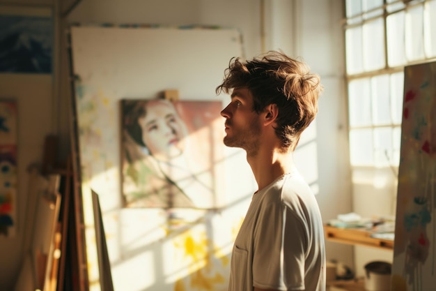 Side view of painter contemplating in welllit studio