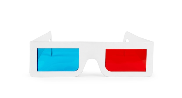 흰색 배경에 격리된 3D 안경 한 켤레의 측면 보기.