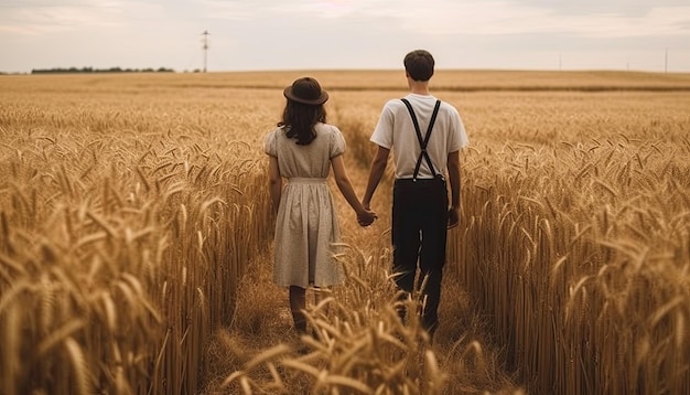 партнеры, вид сбоку, держась за руки на пшеничном поле