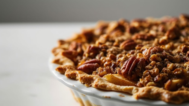 Side view of a Pecan Crusted Apple Pie against a white backdrop
