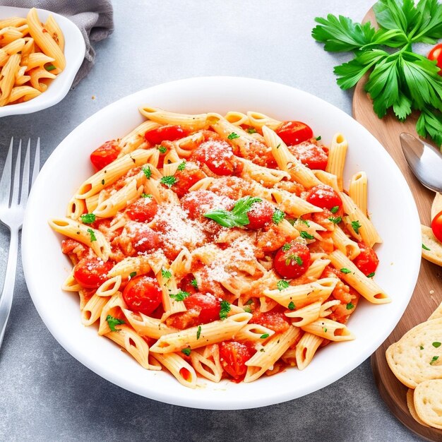 Side view penne pasta with tomato sauce and greens on a plate