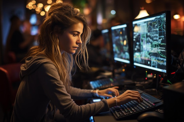 side view photo of lady programmer looking at big monitor checking id address working overtime checking debugging system wearing specs casual shirt sitting at desk late at night office indoors