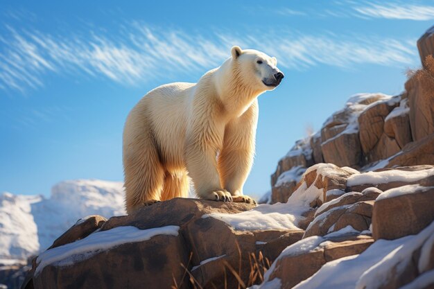 боковой вид фотографии гиперреалистичного белого медведя на фоне естественной среды обитания