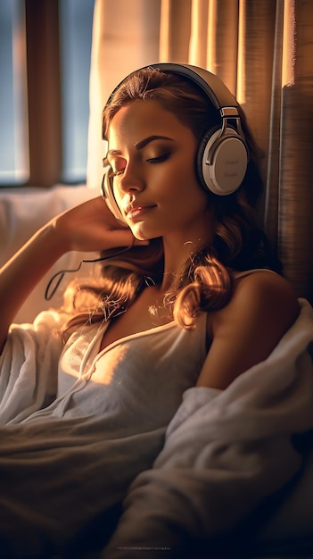 Side view photography of a girl with earphones lying in a hotel bed she is come and chilled out bec