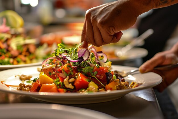 Photo side view of pickled fruit salad with walnuts hand picking up food from a salad plate