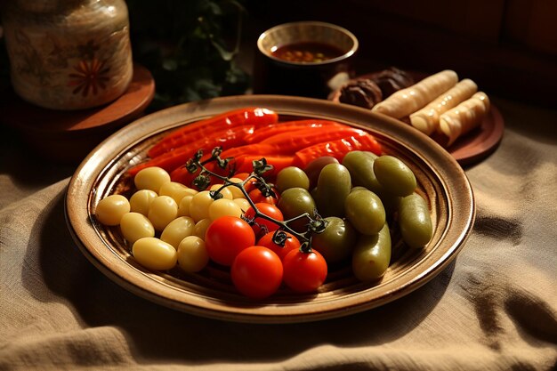 <unk>은 채소, 토마토, 사탕수수, 도그우드 등이  바탕에 있는 접시에서 으로 보입니다.