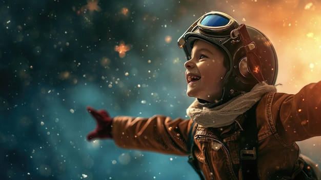 A side view of picture that has child fly into sky with aviator costume AIGX03