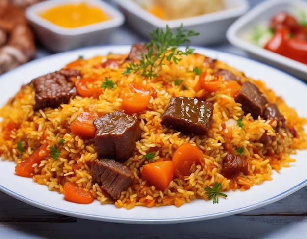 Side view pilaf with stewed beef meat on a plate detailed bright lighting