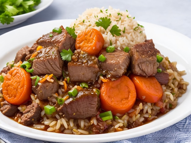 side view pilaf with stewed beef meat on a plate