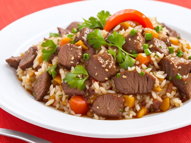 Photo side view pilaf with stewed beef meat on a plate