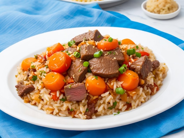 side view pilaf with stewed beef meat on a plate