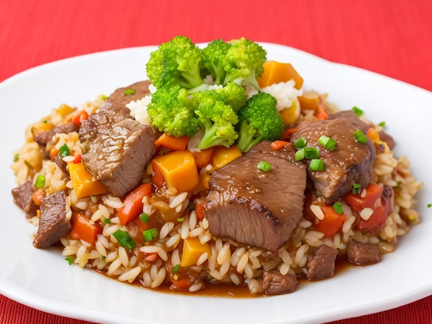 side view pilaf with stewed beef meat on a plate