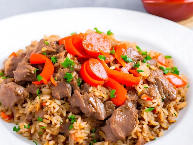 Side view pilaf with stewed beef meat on a plate