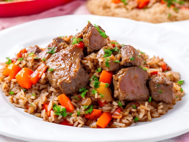 Side view pilaf with stewed beef meat on a plate